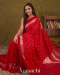 Tulip Red Pure Katan Silk Handloom Saree — Draped