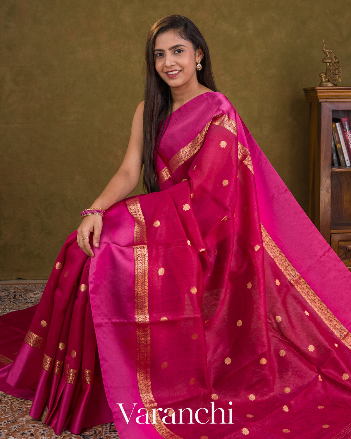 Deep Magenta Pure Tussar Silk Saree — Draped