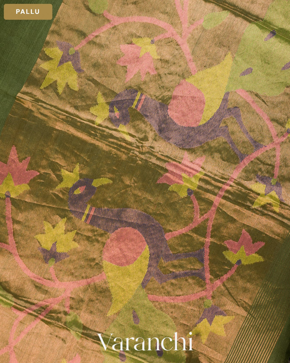 Mehendi Green Jamdani Paithani Pallu Pure Muslin Silk Handloom Saree — Pallu