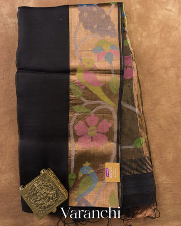 Black Jamdani Pure Muslin Silk Handloom Saree — Full Saree