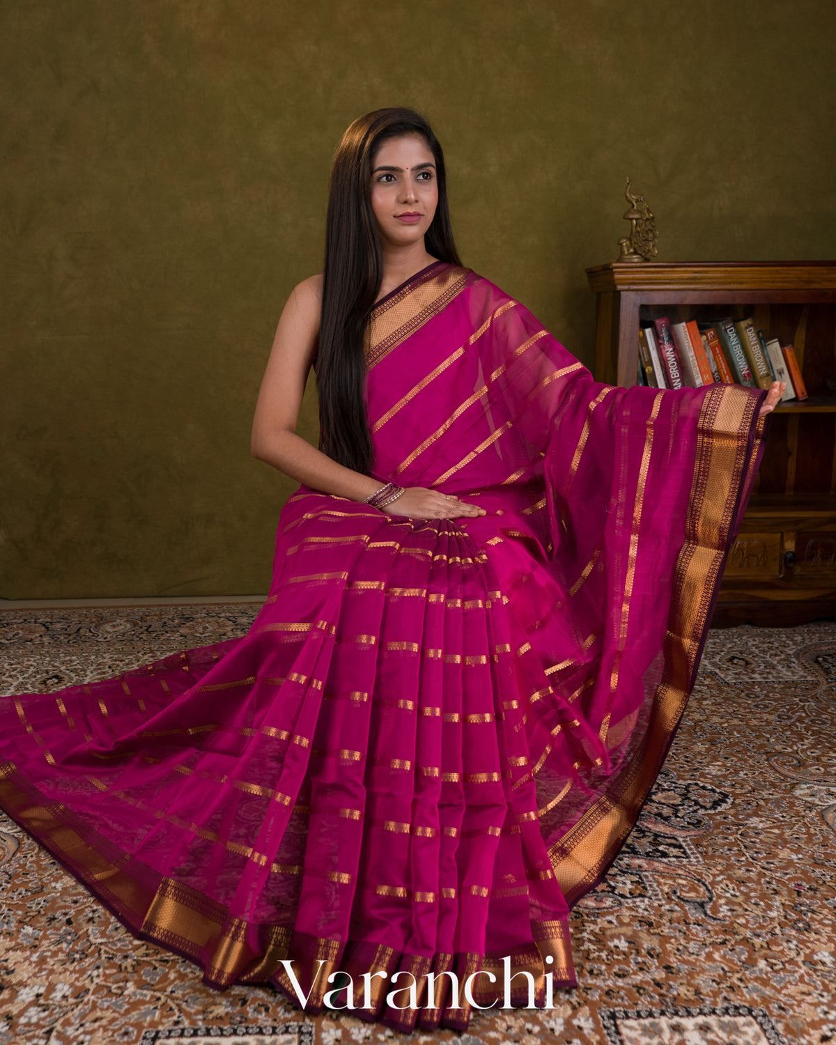 Deep Magenta Striped Pure Maheshwari Silk Cotton Handloom Saree — Draped
