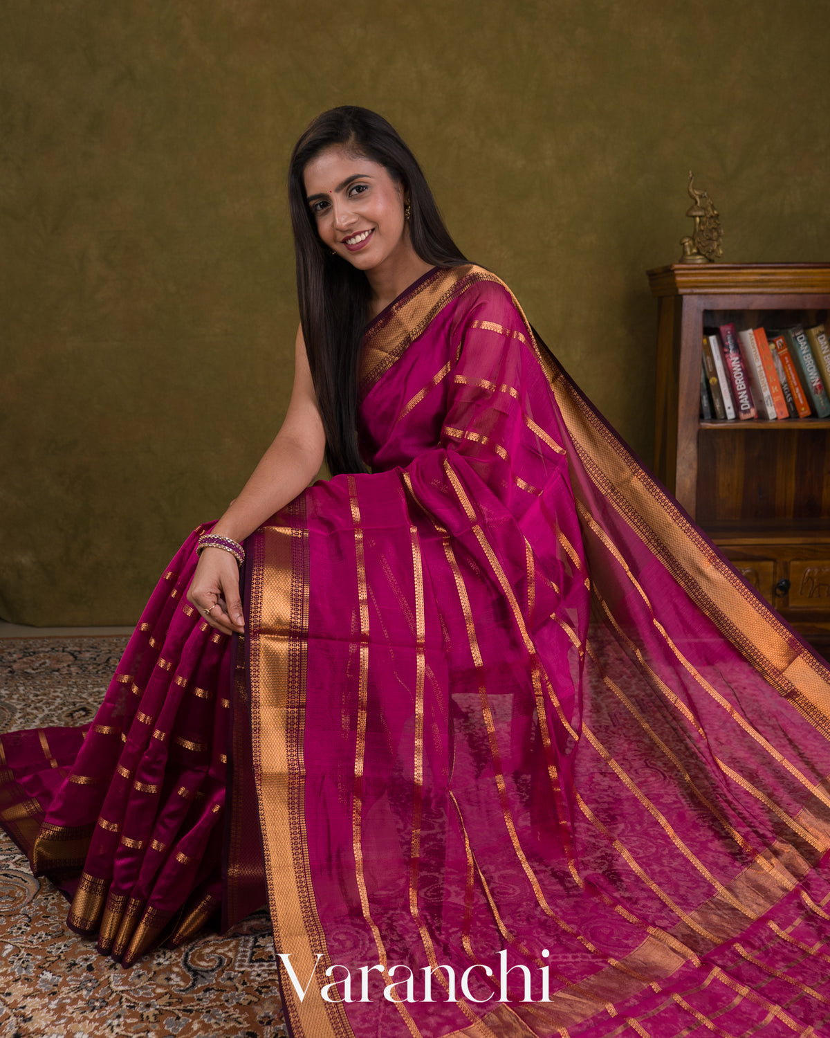 Deep Magenta Striped Pure Maheshwari Silk Cotton Handloom Saree — Draped