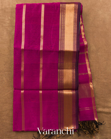 Deep Magenta Striped Pure Maheshwari Silk Cotton Handloom Saree — Full Saree