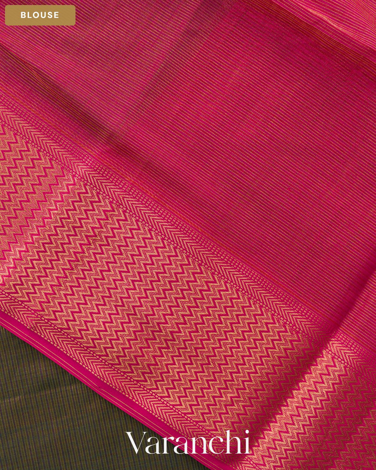 Forest Green Striped Zigzag Border Pure Maheshwari Silk Cotton Handloom Saree — Blouse