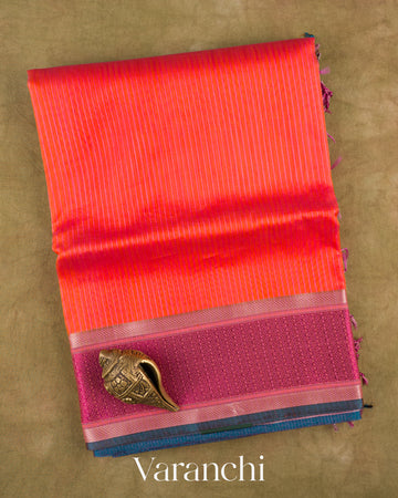 Peach Orange Striped Pure Maheshwari Silk Cotton Handloom Saree — Folded