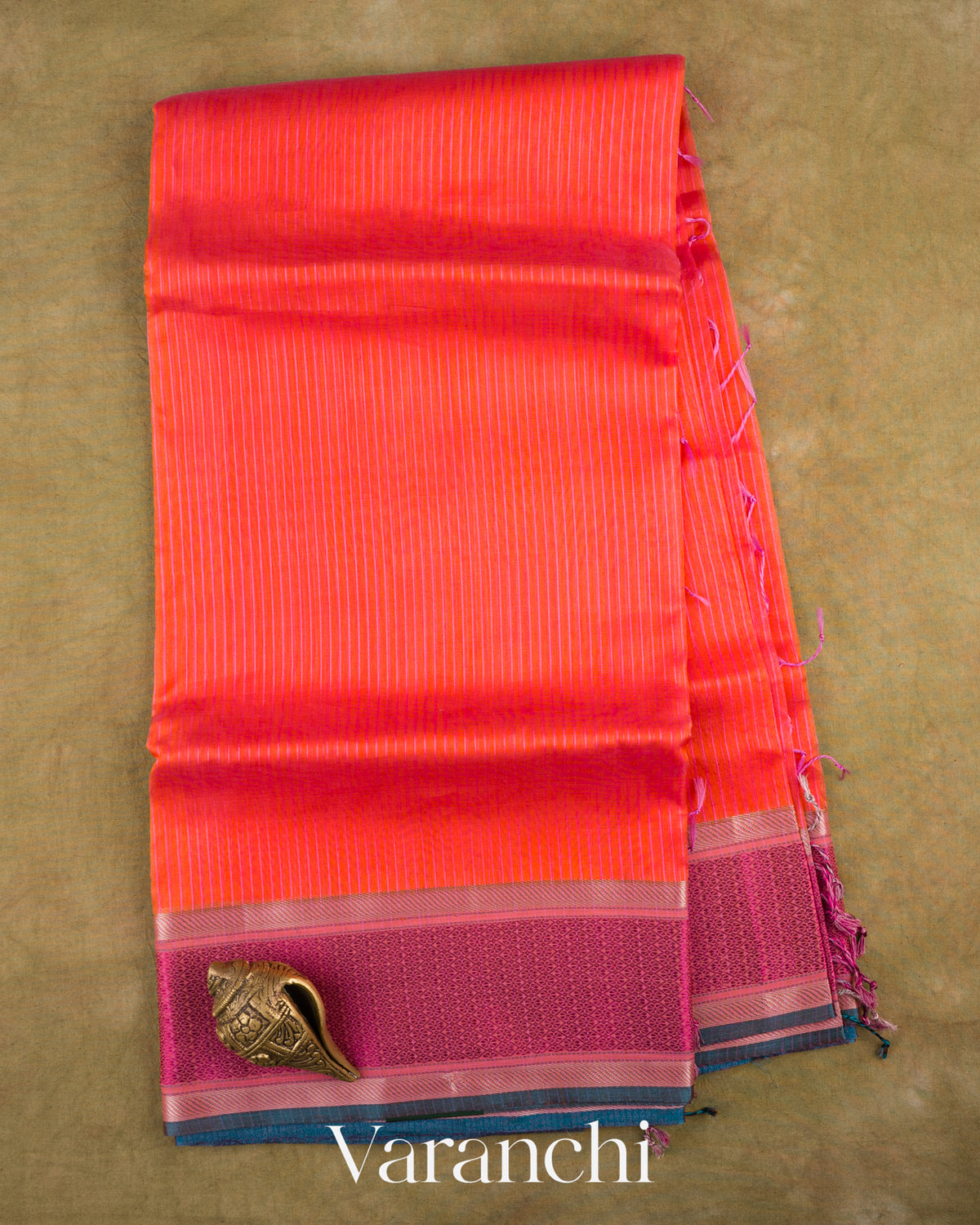 Peach Orange Striped Pure Maheshwari Silk Cotton Handloom Saree — Full Saree
