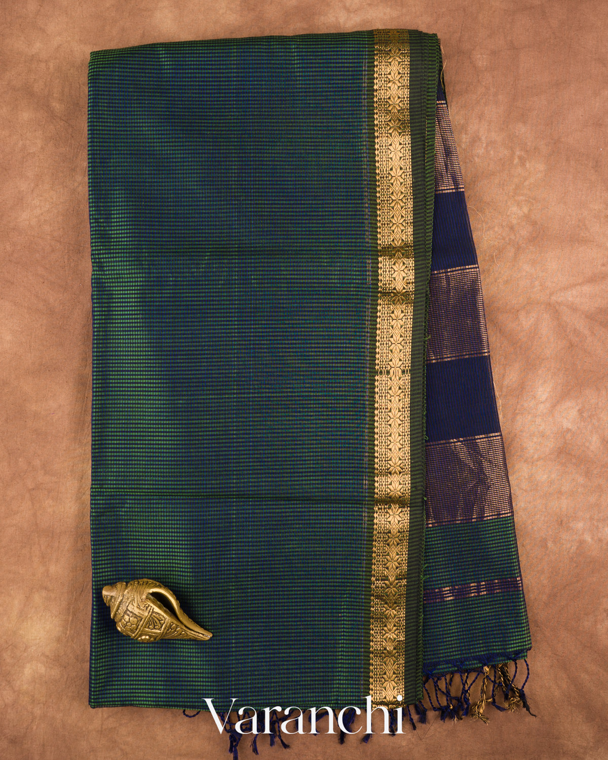 Peacock Green Striped Pure Maheshwari Silk Cotton Handloom Saree — Full Saree