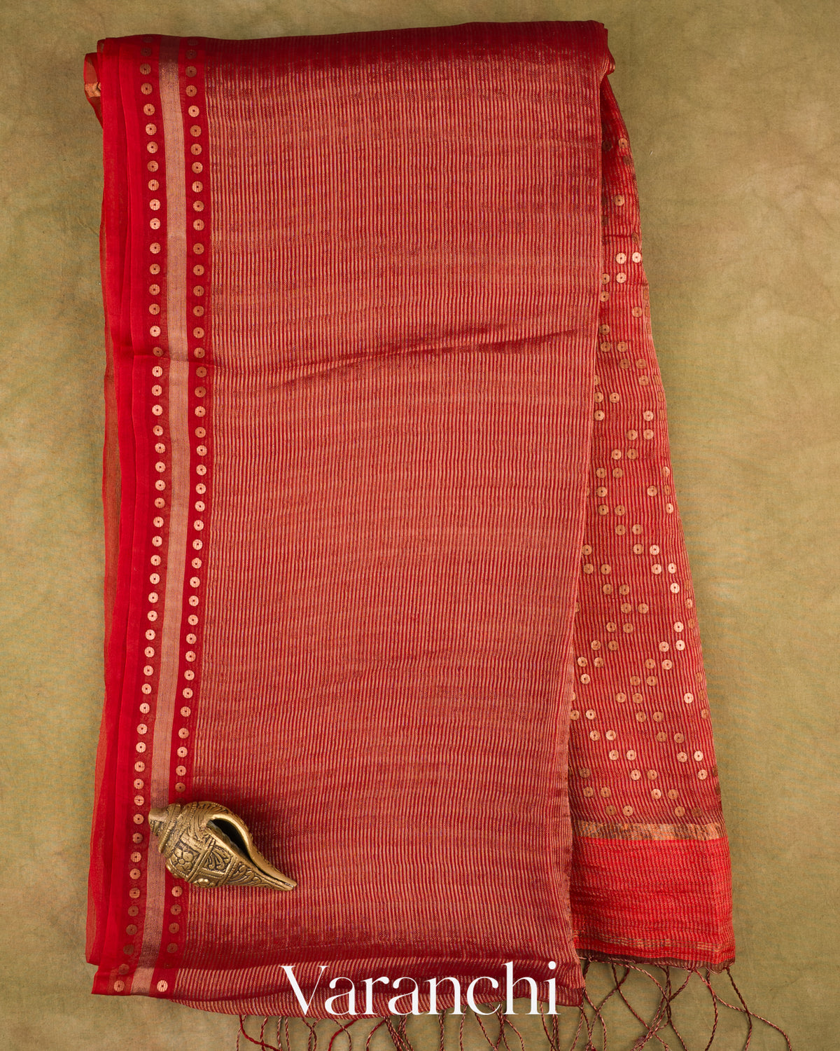 Brick Red with Sequin Embroidery Pure Muslin Silk Handloom Saree — Full Saree