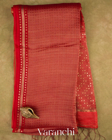 Brick Red with Sequin Embroidery Pure Muslin Silk Handloom Saree — Full Saree