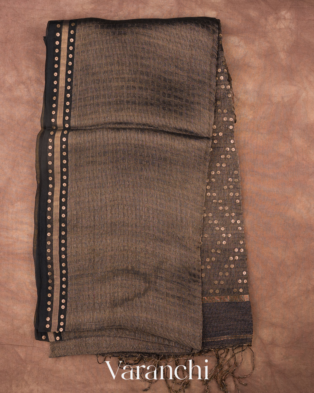 Black with Sequin Embroidery Pure Muslin Silk Handloom Saree — Full Saree