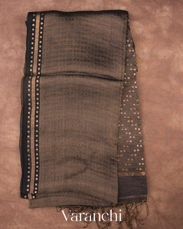 Black with Sequin Embroidery Pure Muslin Silk Handloom Saree — Full Saree