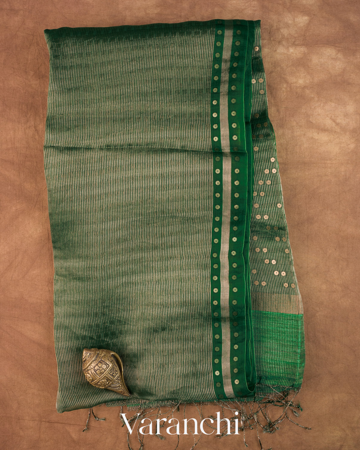 Bottle Green with Sequin Embroidery Pure Muslin Silk Handloom Saree — Full Saree