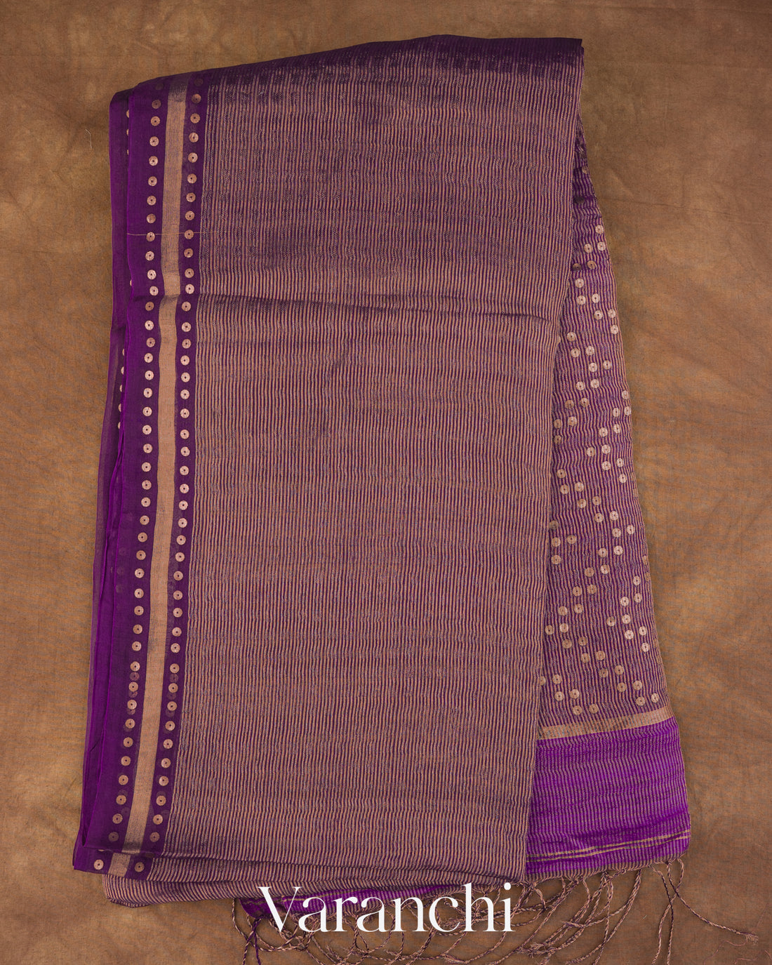 Violet Purple with Sequin Embroidery Pure Muslin Silk Handloom Saree — Full Saree