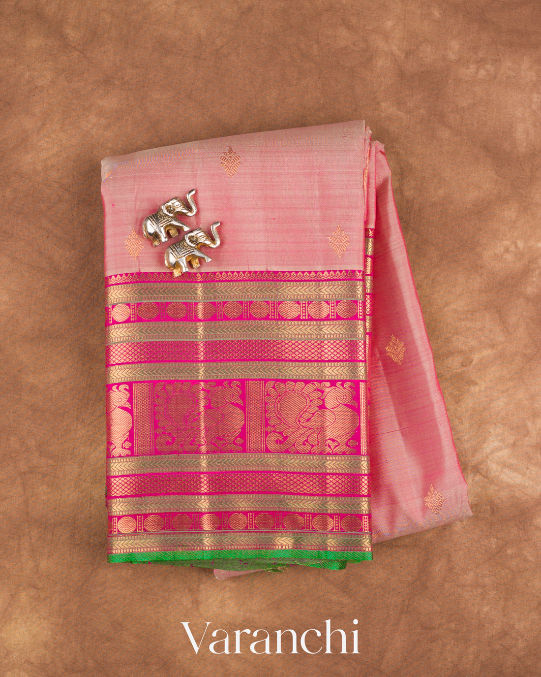 Baby Pink Korvai Pure Kanchipuram Silk Handloom Saree — Folded
