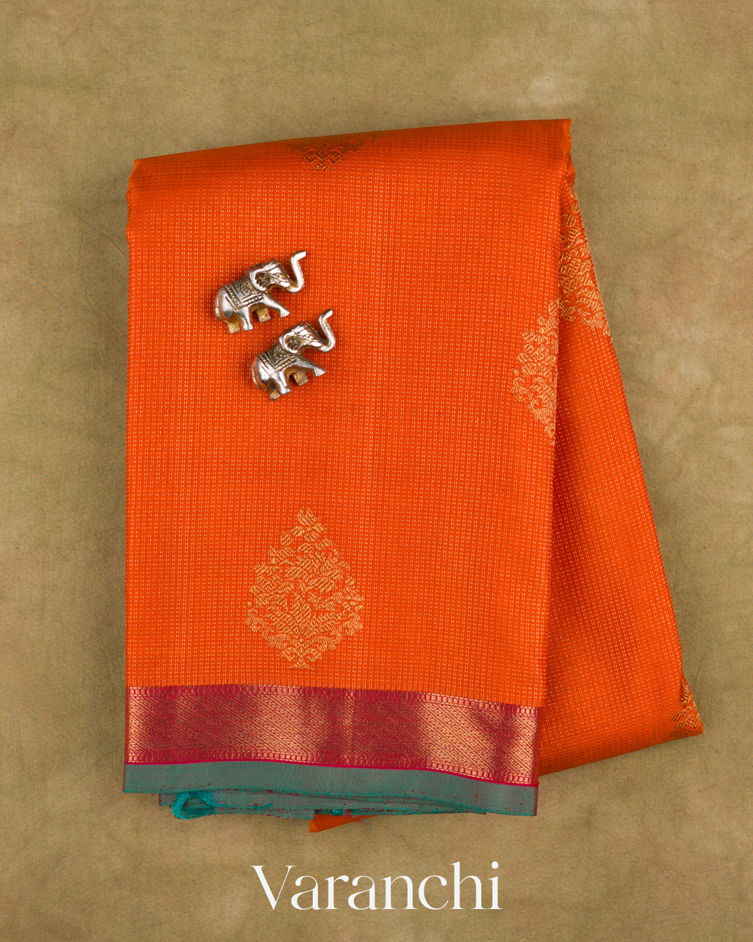 Orange Vaira Oosi Pure Kanchipuram Silk Handloom Saree — Folded