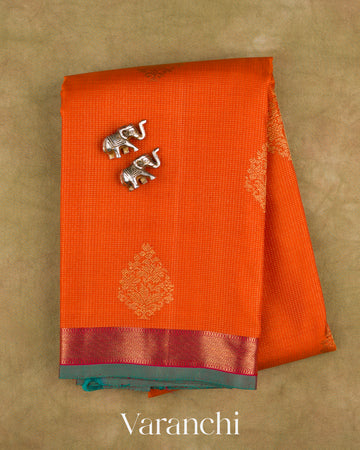 Orange Vaira Oosi Pure Kanchipuram Silk Handloom Saree — Folded
