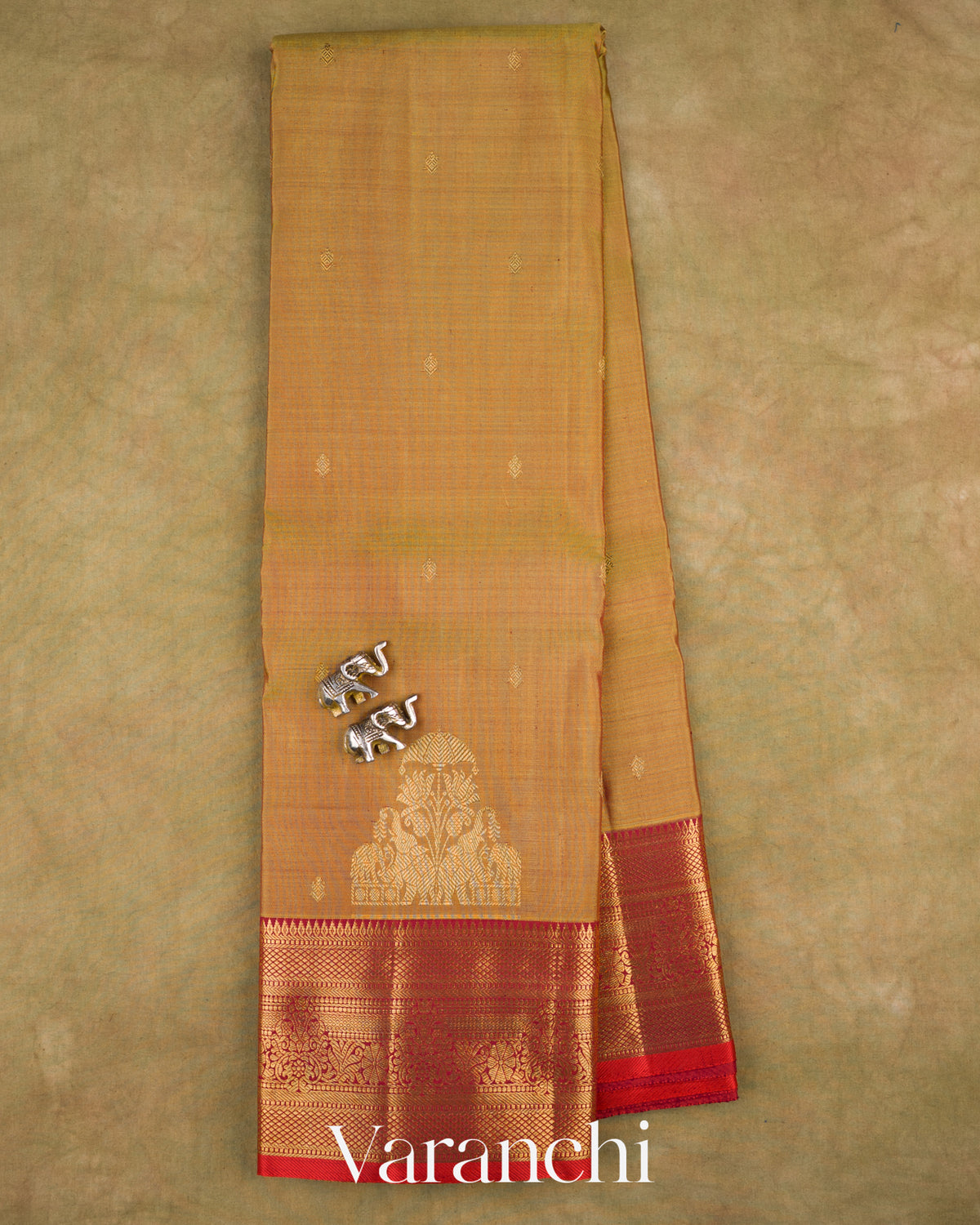 Mustard Gold Pure Kanchipuram Silk Handloom Saree — Full Saree