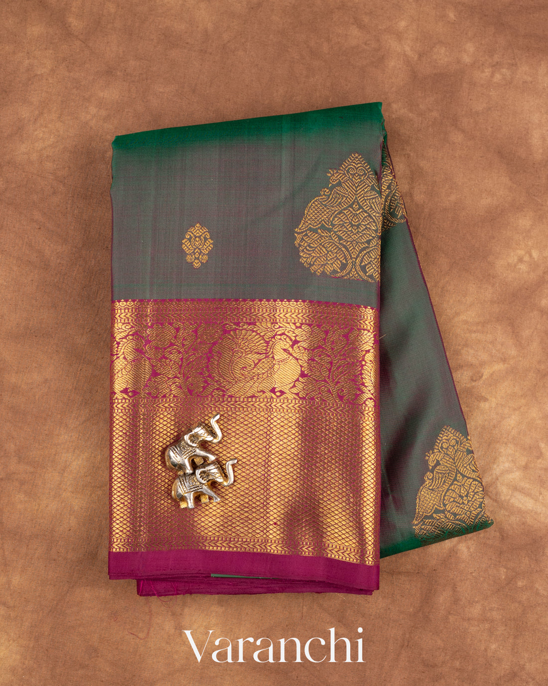Peacock Green Korvai Pure Kanchipuram Silk Handloom Saree — Folded