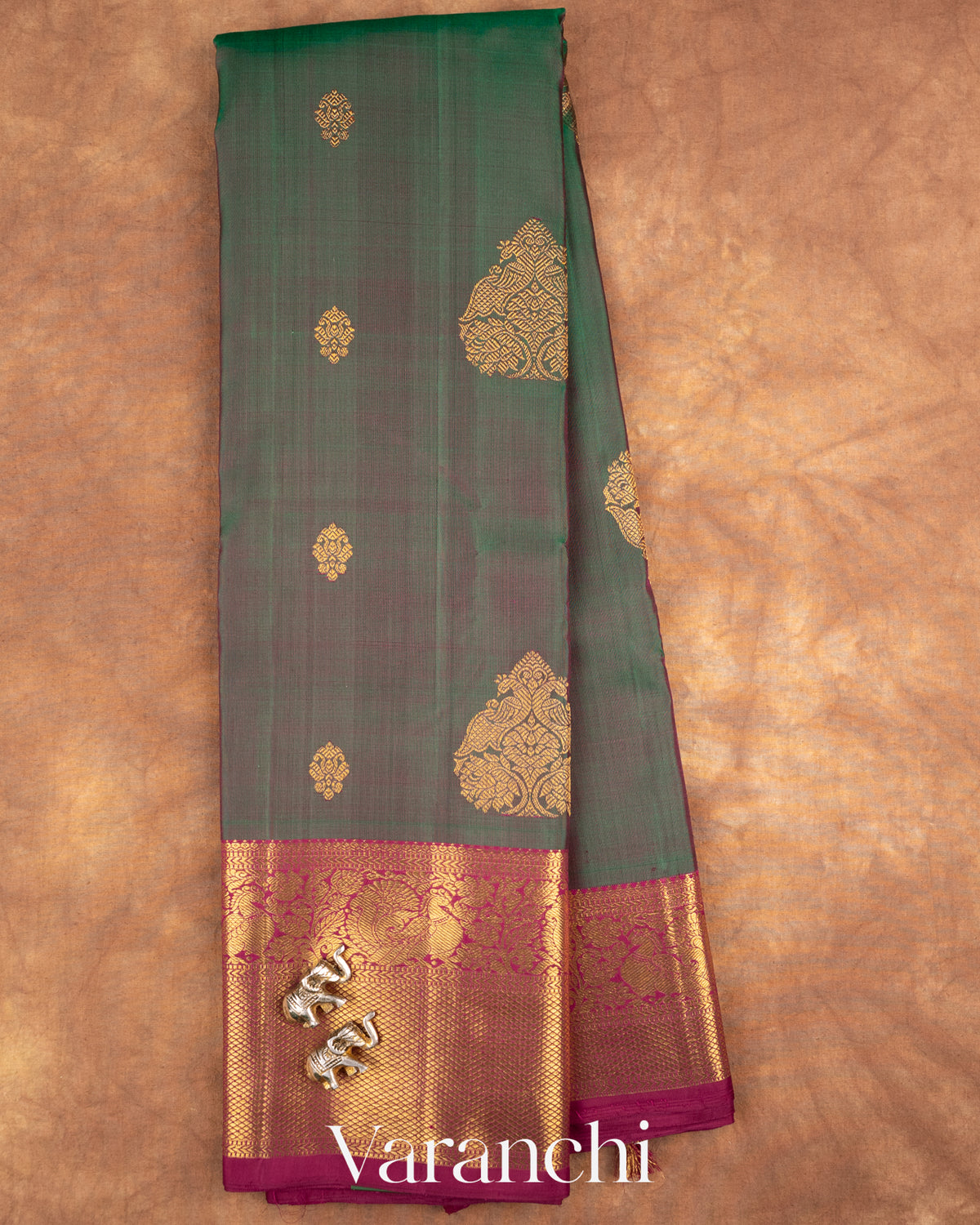 Peacock Green Korvai Pure Kanchipuram Silk Handloom Saree — Full Saree