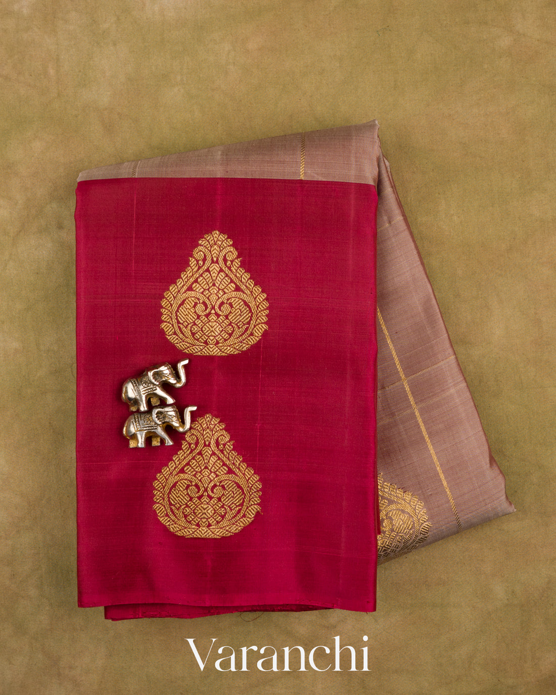 Beige Checkered Pure Kanchipuram Silk Handloom Saree — Folded