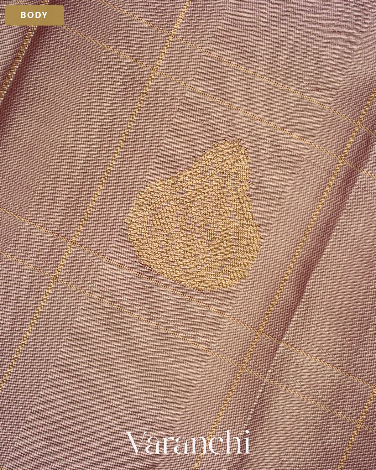 Beige Checkered Pure Kanchipuram Silk Handloom Saree — Body