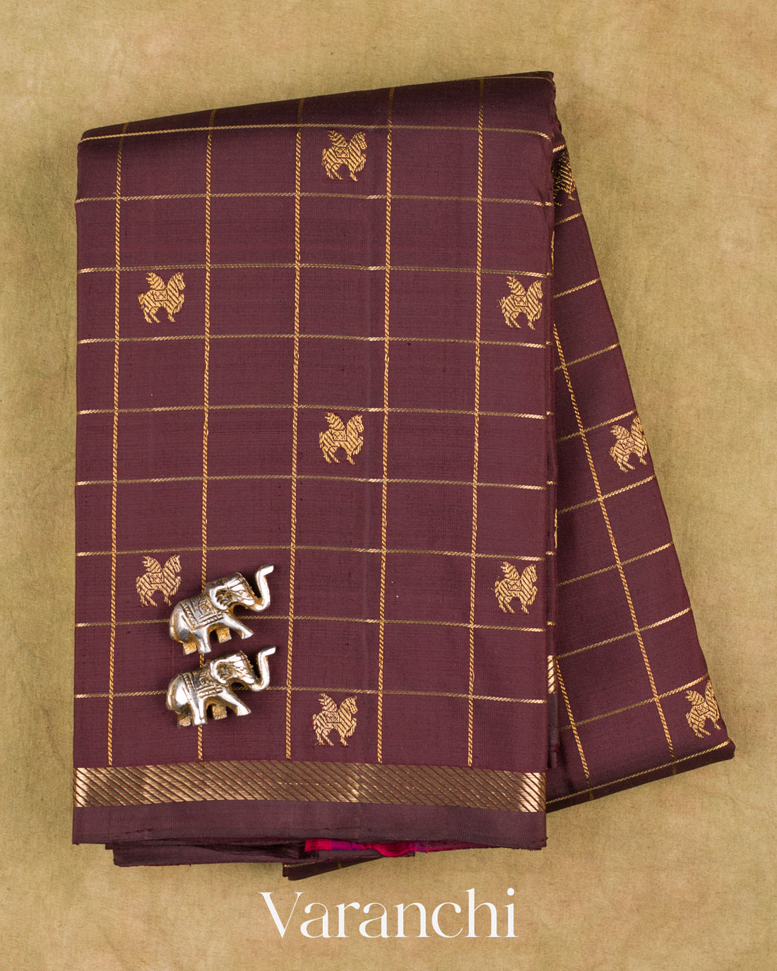 Coffee Brown Checkered Pure Kanchipuram Silk Handloom Saree — Folded