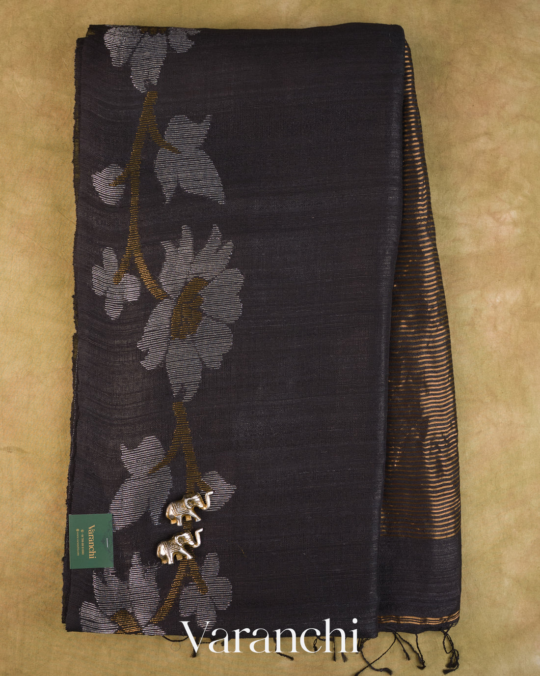 Black Jamdani Pure Matka Tissue Silk Handloom Saree — Full Saree