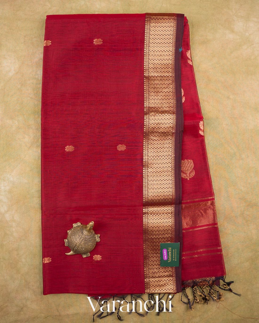 Maroon Zigzag Bordered Pure Maheshwari Silk Cotton Handloom Saree — Full Saree