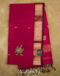 Wine Maroon Zigzag Bordered Pure Maheshwari Silk Cotton Handloom Saree — Full Saree