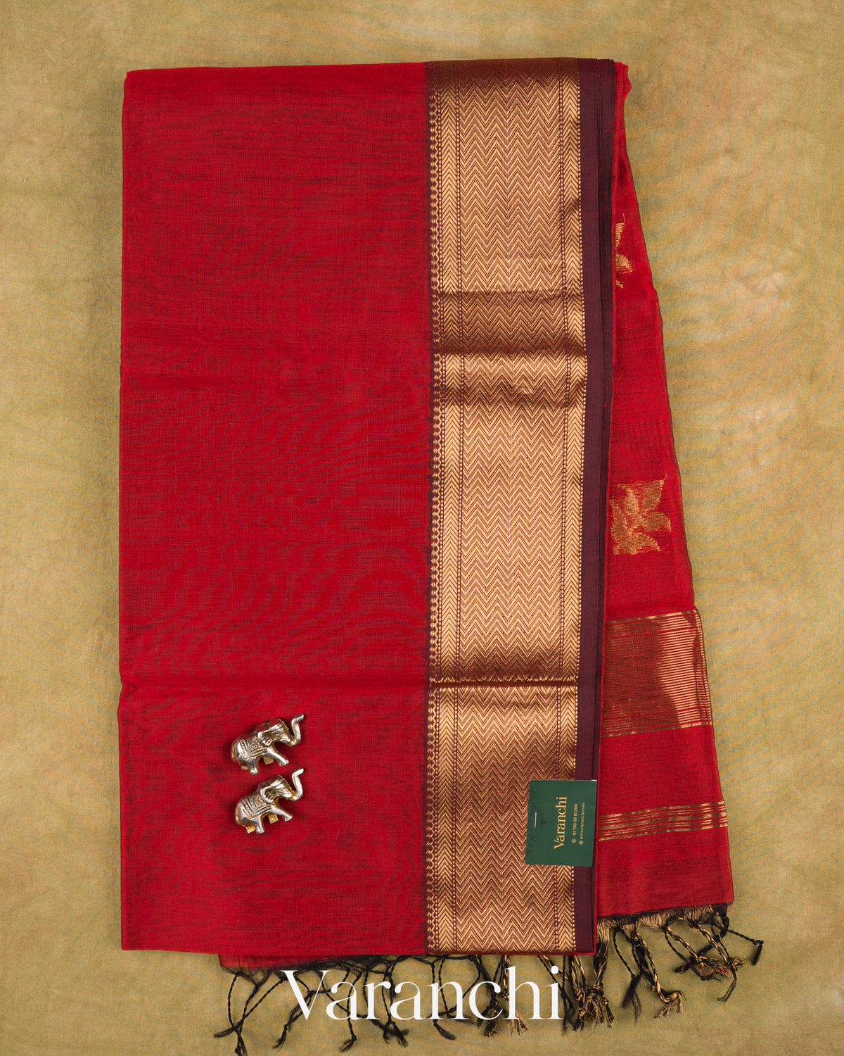 Rust Maroon Zigzag Bordered Pure Maheshwari Silk Cotton Handloom Saree — Full Saree