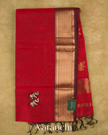Rust Maroon Zigzag Bordered Pure Maheshwari Silk Cotton Handloom Saree — Full Saree