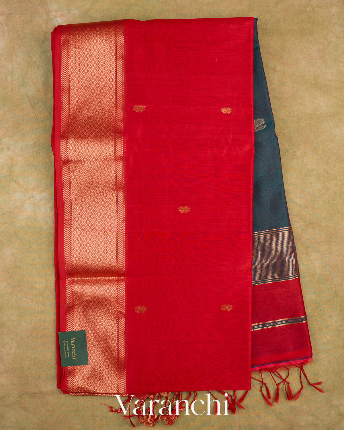 Tomato Red Pure Maheshwari Silk Cotton Handloom Saree — Full Saree