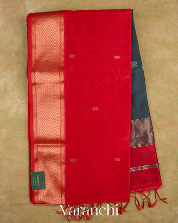 Tomato Red Pure Maheshwari Silk Cotton Handloom Saree — Full Saree
