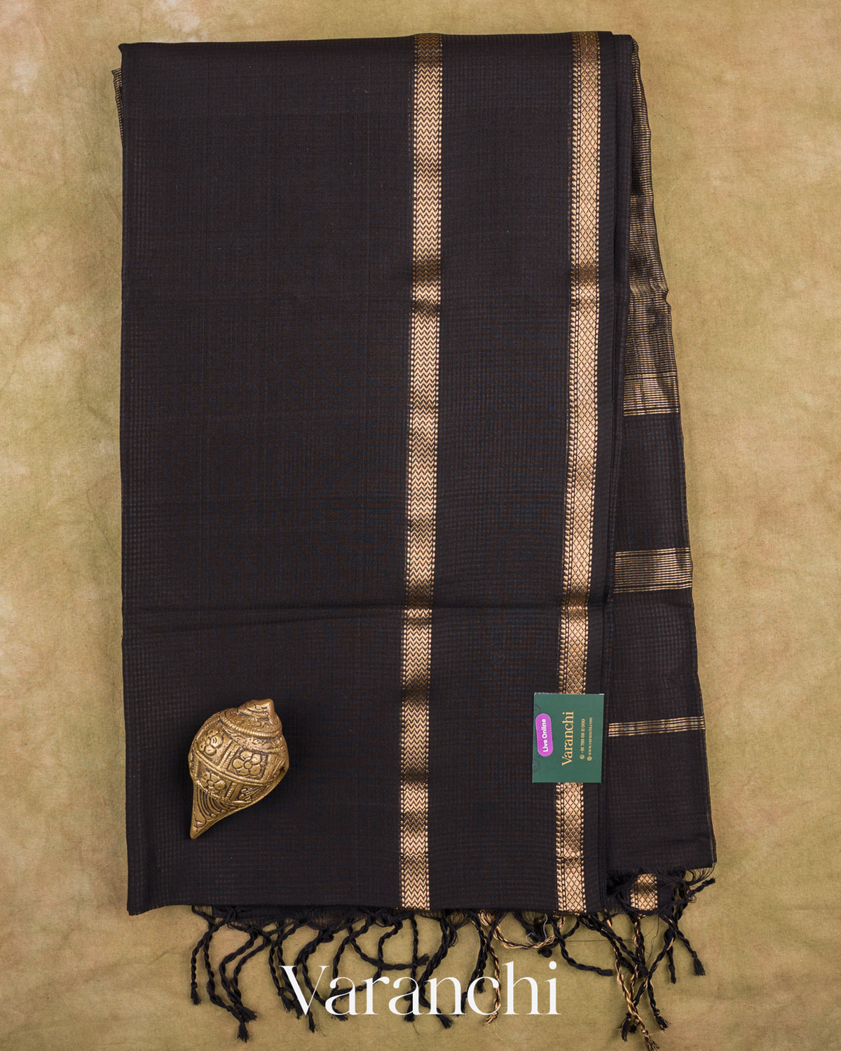 Black Pure Maheshwari Silk Cotton Handloom Saree — Full Saree