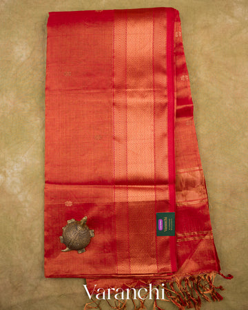 Brick Red Zigzag Bordered Pure Maheshwari Silk Cotton Handloom Saree — Full Saree