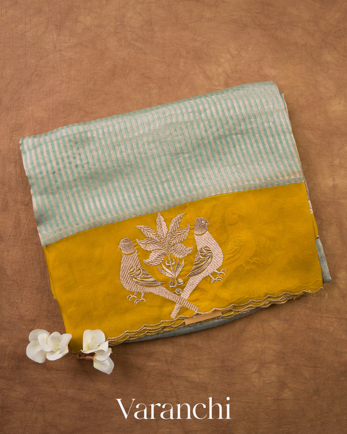 Powder Blue Bird Embroidered Pure Kora Silk Saree — Folded