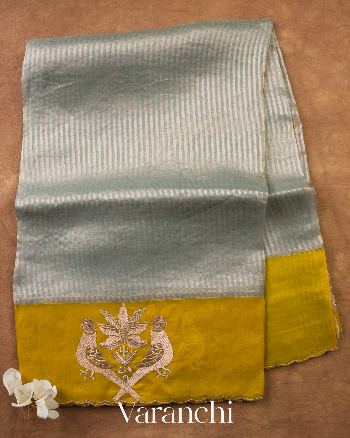 Powder Blue Bird Embroidered Pure Kora Silk Saree — Full Saree