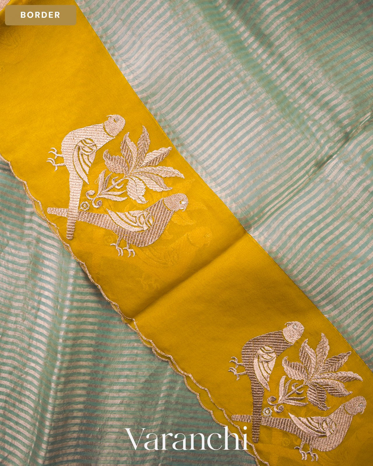 Powder Blue Bird Embroidered Pure Kora Silk Saree — Border