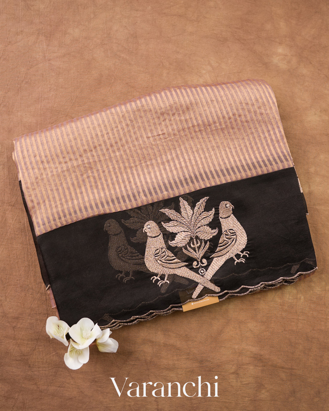 Cocoa Brown Bird Embroidered Pure Kora Silk Saree — Folded