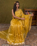Mustard Yellow Striped Pure Kora Silk Saree — Draped