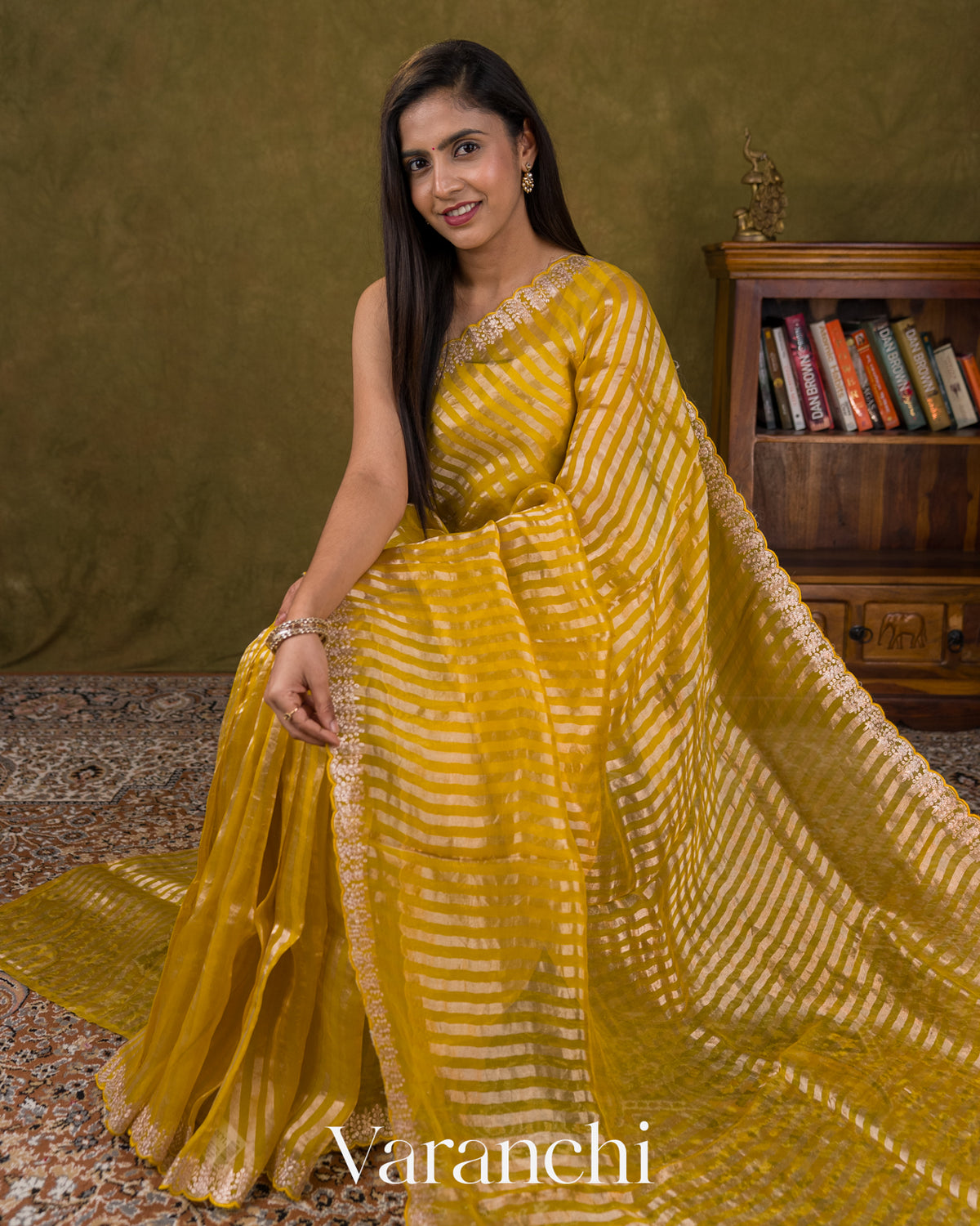 Mustard Yellow Striped Pure Kora Silk Saree — Draped