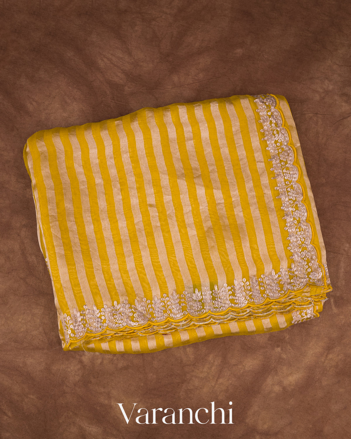 Mustard Yellow Striped Pure Kora Silk Saree — Folded