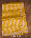 Mustard Yellow Striped Pure Kora Silk Saree — Full Saree