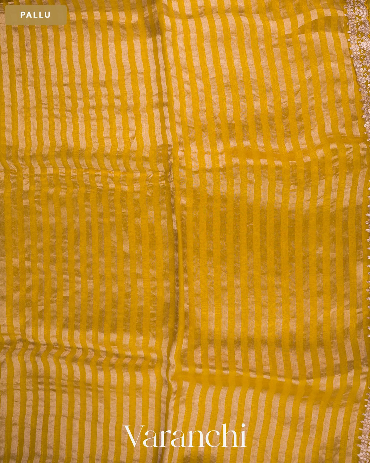 Mustard Yellow Striped Pure Kora Silk Saree — Pallu