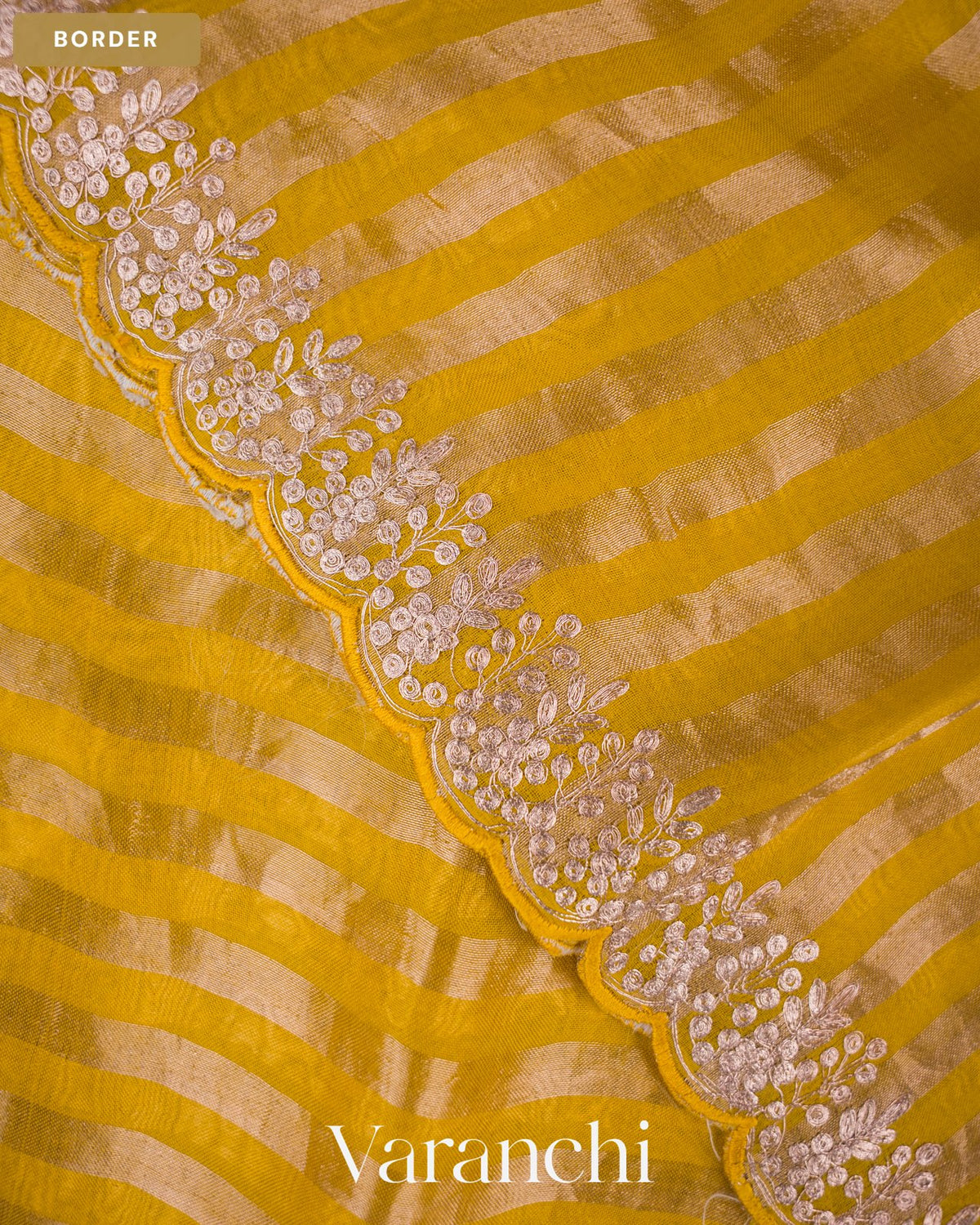 Mustard Yellow Striped Pure Kora Silk Saree — Border