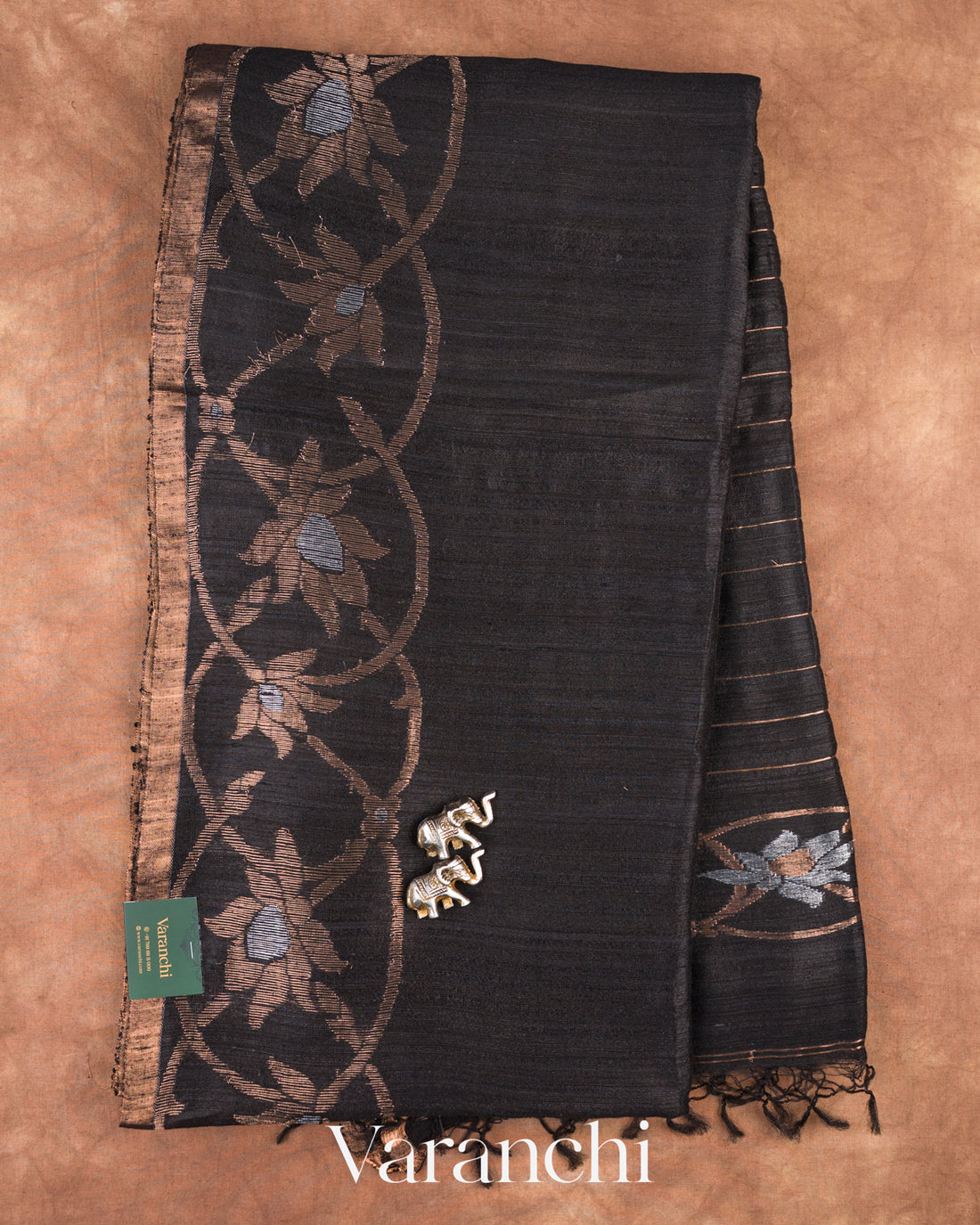 Black Jamdani Pure Matka Tissue Silk Handloom Saree — Full Saree