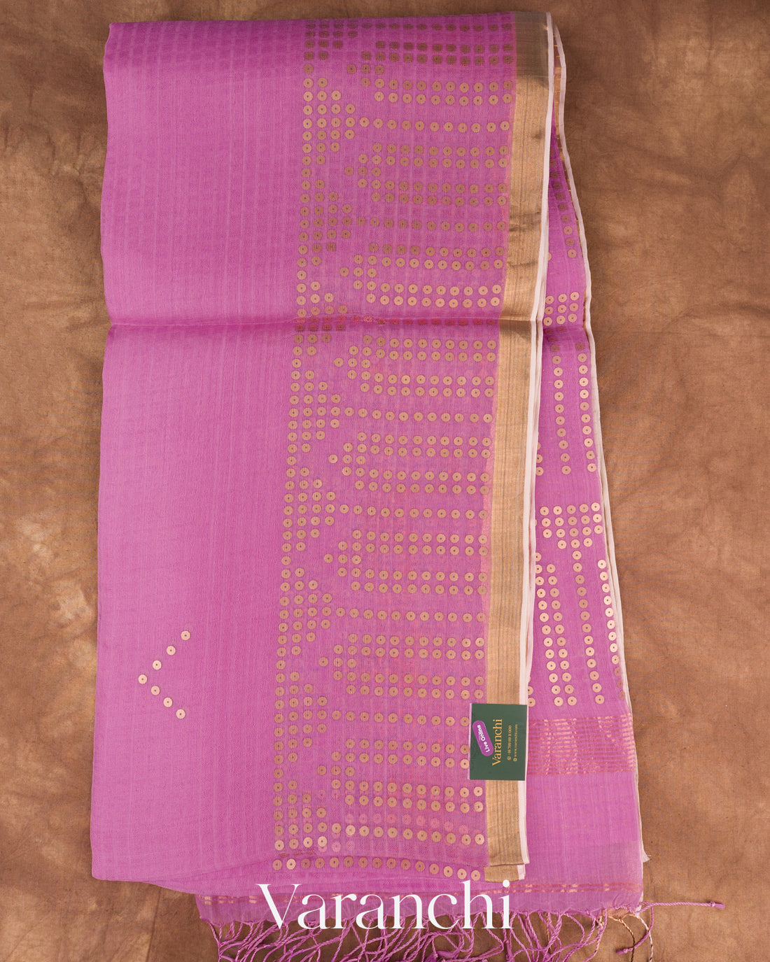 Orchid Pink Sequin Checkered Pure Muslin Silk Handloom Saree — Full Saree