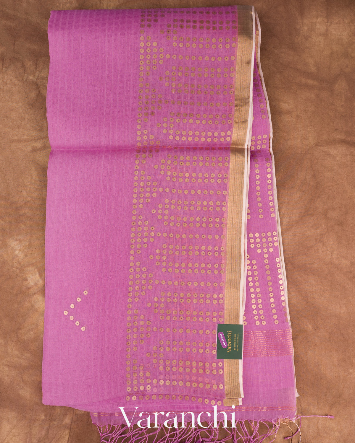 Orchid Pink Sequin Checkered Pure Muslin Silk Handloom Saree — Full Saree