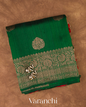 Bottle Green Pure Raw Silk Handloom Saree — Folded