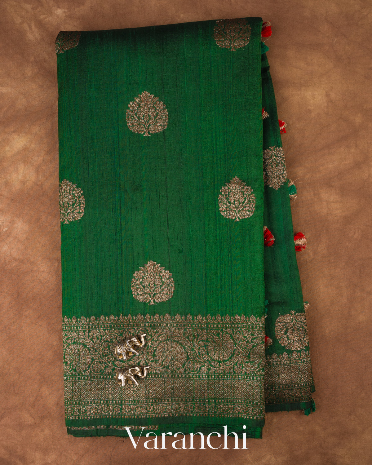 Bottle Green Pure Raw Silk Handloom Saree — Full Saree